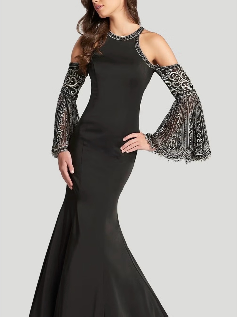 700. Ellie Wilde Black Maxi Gown with Cream Lace Bell Sleeves
